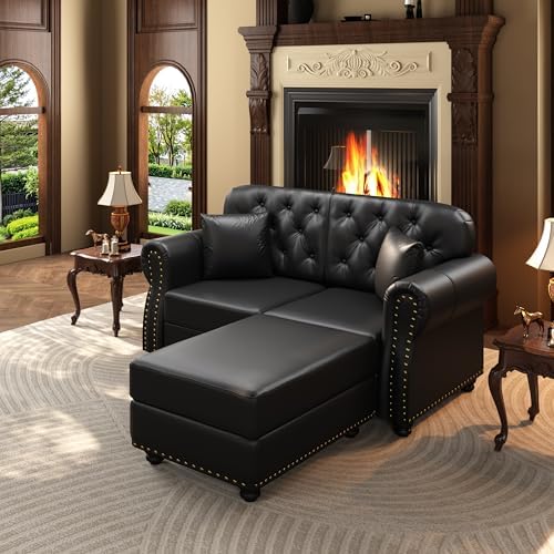 KEIKI 63" Faux Leather Chesterfield Sofa - Image 3