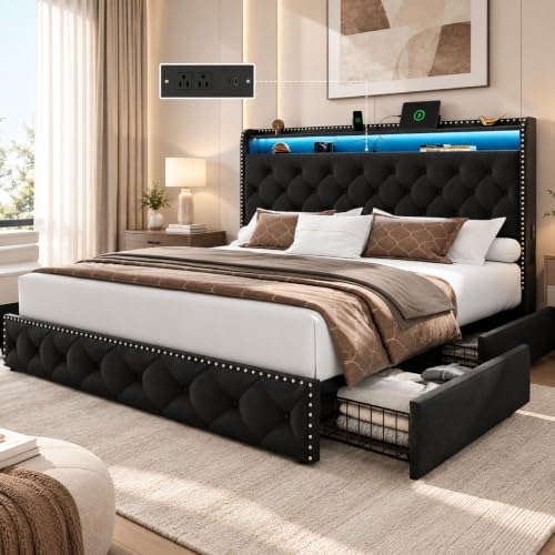 LARMACE Queen Bed Frame with 4 Storage Drawers, LED & USB-C Charging by LARMACE