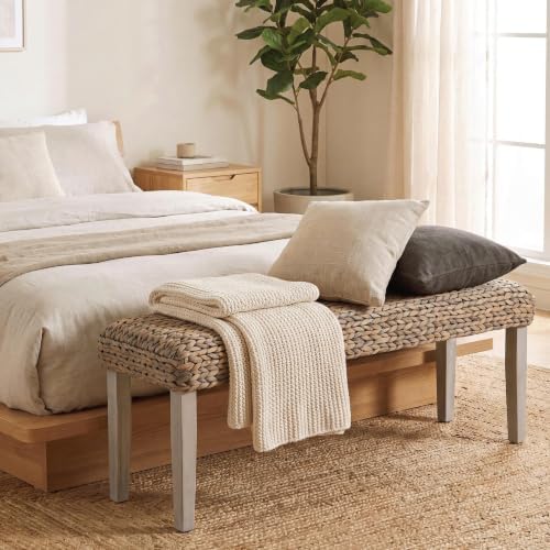 Solid Wood Acacia Indoor Bench, Natural Woven Water Hyacinth Seat - Image 5