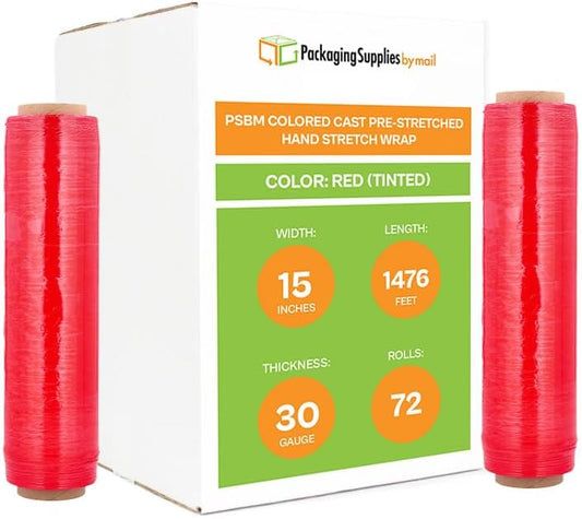 PSBM Red Stretch Wrap, 15 Inch x 1476 Feet, 72 Pack, Tinted Pre-Stretched Shrink Wrap Film for Moving, Packaging, Pallet Wrapping