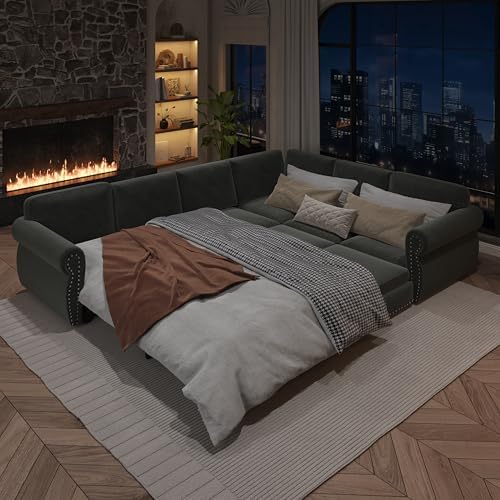 118" Chenille L-Shaped Pull-Out Sectional Vintage Sleeper Sofa, Dark Grey - Image 6