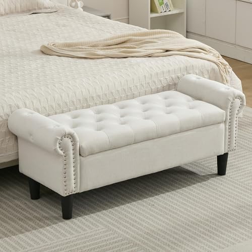 SOFTHION 50" Storage Bench for Bedroom, Linen Upholstered by SofthionDesign