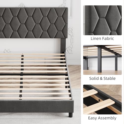 King Size Platform Bed Frame – Light Gray Upholstered Adjustable Headboard – - Image 4