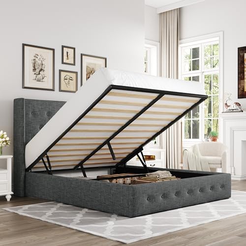 Allewie Full Size Lift Up Storage Button-Tufted Bed Frame Dark Grey by Allewie