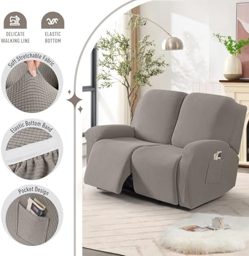 TAOCOCO Oversized Stretch Loveseat Recliner Covers 6 Piece, Pale Brown - Image 3