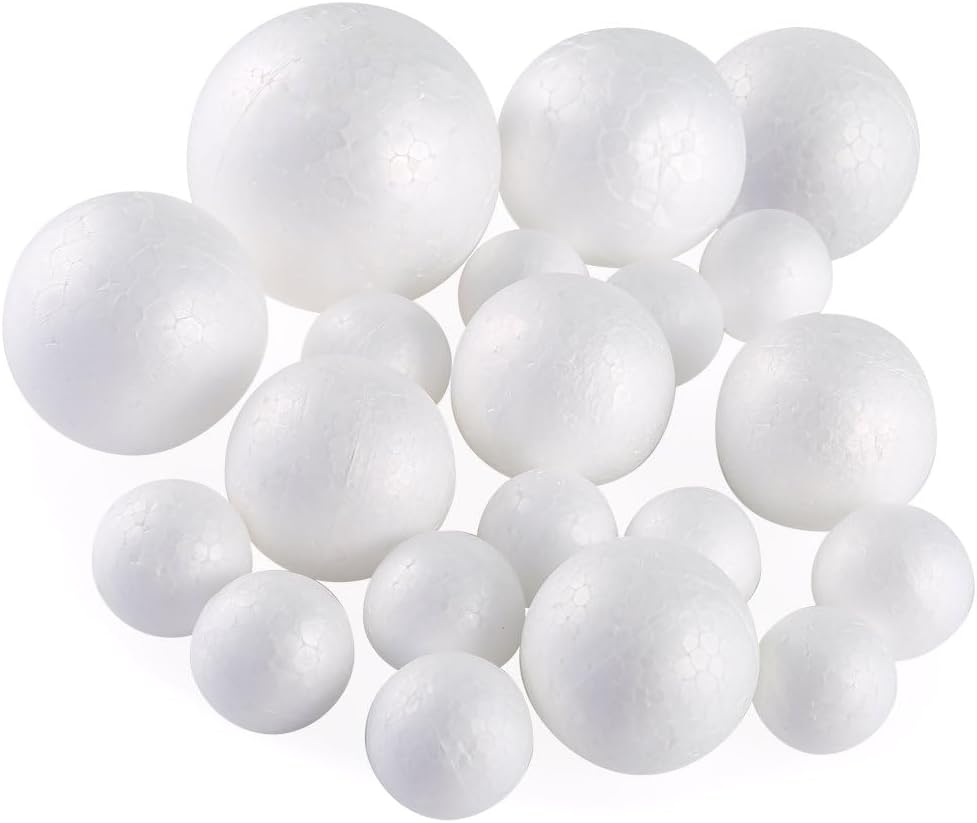 Pllieay 20 Pieces 5 Sizes White Foam Balls Polystyrene Craft Balls Art Decoration Foam Balls for Art, Craft, Household, School Projects and Party Decoration