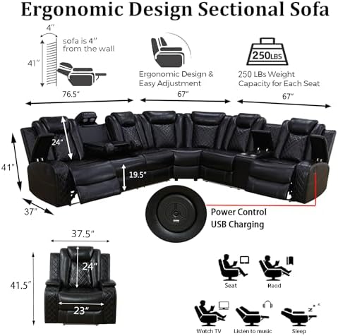 Leather Power Reclining Sectional Sofa Set, Sectional Couch - Image 2