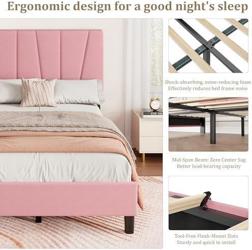 Twin Size Platform Bed Frame for Kids, Linen Upholstered Headboard & Wooden - Image 6