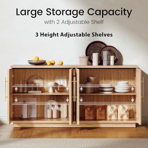 65" Buffet Cabinet with Storage, Fluted Sideboard Cabinet with 4 Arched Doors & - Image 4