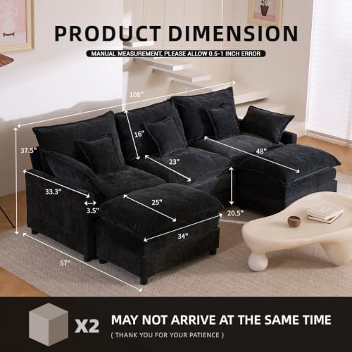 GOSUHI 108" U-Shaped Modular Cloud Couch, Deep Seat, Chenille Black - Image 2