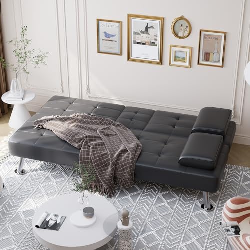 Shahoo Leather Convertible Futon Sofa Bed, Folding Sleeper Loveseat Couch - Image 3