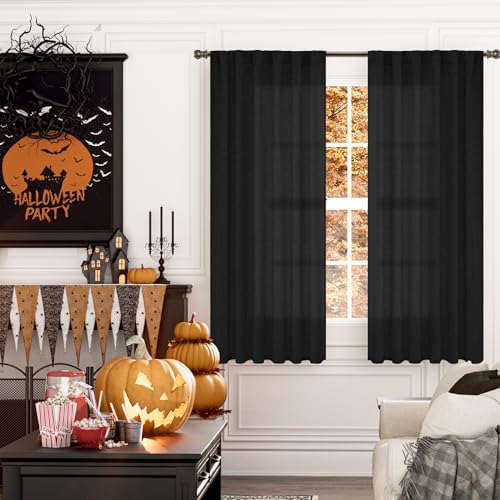 YoungsTex Black Linen Semi Sheer Curtains 52 X 63 Inch Length 2 Panels - Image 4