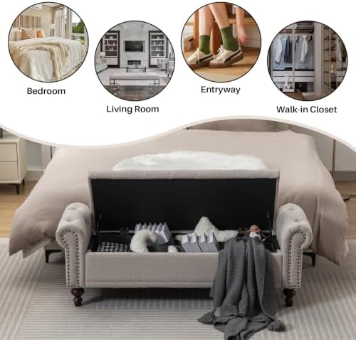 SOFTHION 58.1" Storage Bench for Bedroom, Linen Upholstered, Light Brown - Image 6