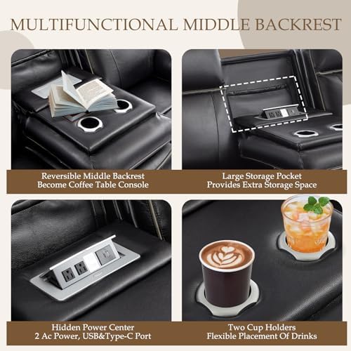 Power Reclining Sofa with Fold Down Table, Breathable Leather Electric - Image 3