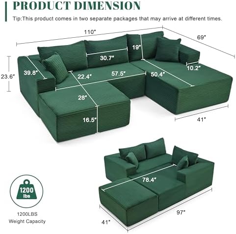 Mangodan 110” Cloud Sectional Couch, Boneless Sofa - Image 3