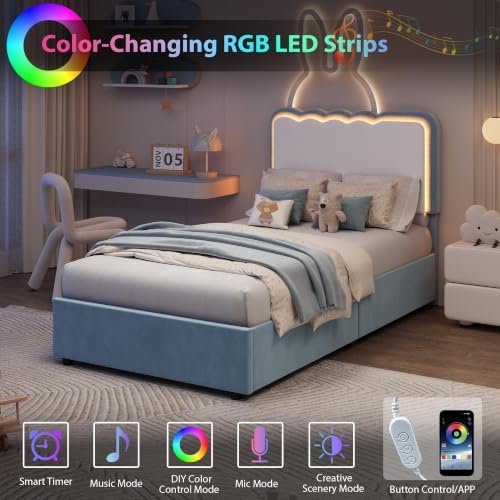 IDEALHOUSE Twin LED Bed, 2 Drawer Trundle, Light Blue Wave Headboard - Image 3
