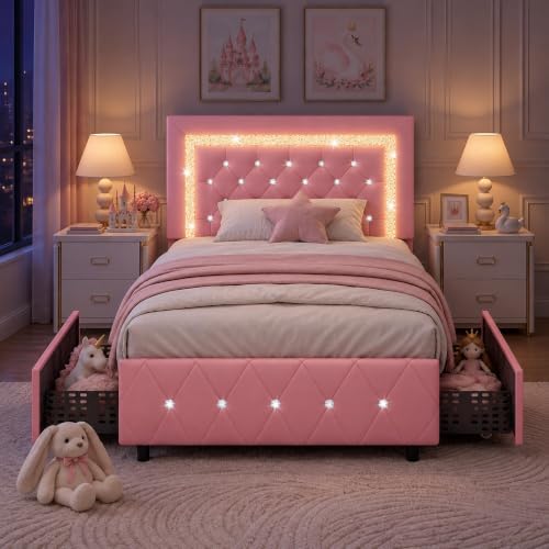BarnFurin Twin Bed Frame with LED Lights and Diamond Tufted Headboard by BarnFurin