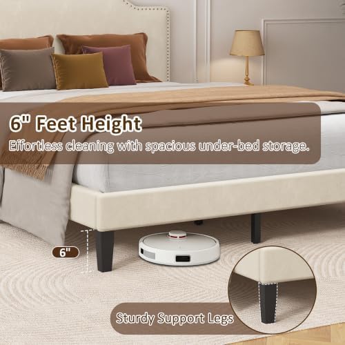 Queen Size Bed Frame with Upholstered Headboard, Platform Bed with Velvet - Image 6