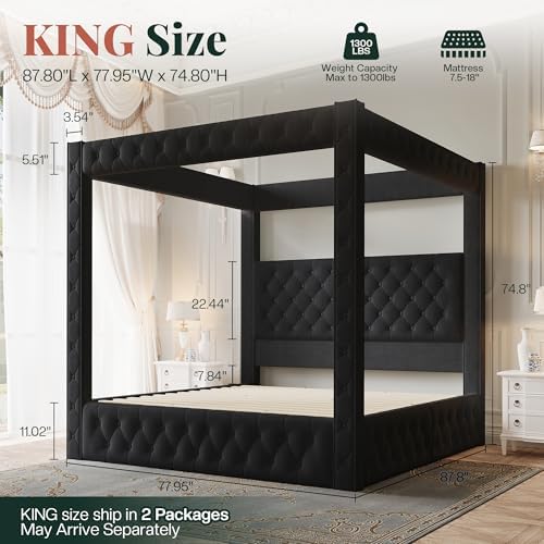 Jocisland King Canopy Bed Frame Velvet Upholstered Headboard - Image 2