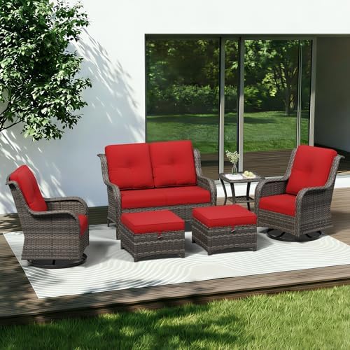 6 Piece Outdoor Wicker Patio Furniture Set, Outdoor Swivel Rocker Patio Chairs by Gardenbee