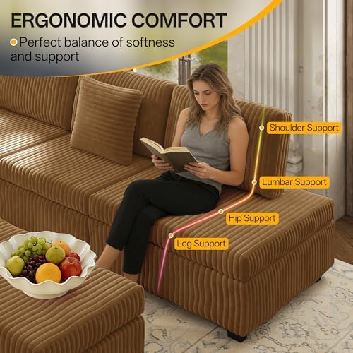 KEIKI 110" L-Shaped Oversized Plush Corduroy Modular Sectional Sofa - Image 6