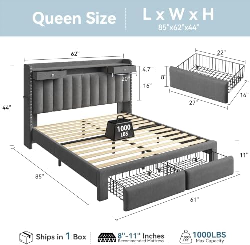 Queen Bed Frame with 2-Tier Storage Headboard and 4 Drawers, Linen Fabric - Image 2