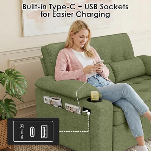 58'' Convertible Sofa Bed with USB Charger and Cup Holders, Teddy Fabric - Image 4