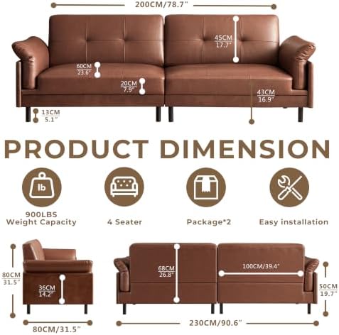90.6'' Mid Century Modern Leather Couch, Oversized 4-Seater Sectional Sofa - Image 2