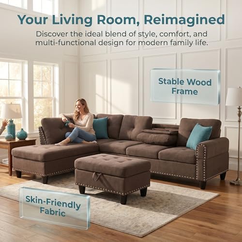L-Shaped Couch Set, 97.5" L x 69.5" W Sectional Sofas Linen Brown - Image 6