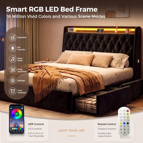 Jocoevol Queen LED Velvet Bed Frame - Image 4