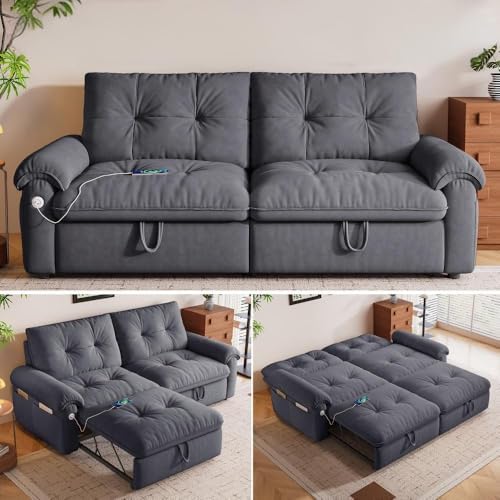 77.2" Sleeper Sofa Bed Full, Pre-Assembled Flannel Pull Out Sofa, Dark Grey by Tabaray