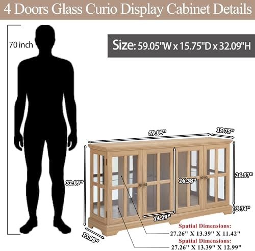 59" Glass Curio Display Storage Cabinet, 4 Doors LED Light Multipurpose - Image 2