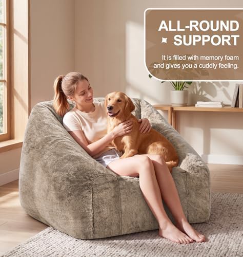 Hobestluk Bean Bag Chair Plush Accent Chair Armrest Living Room Adult Brown - Image 3