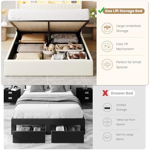 SHA CERLIN Full Size LED Lift Up Storage Bed Frame Charging Station - Image 4