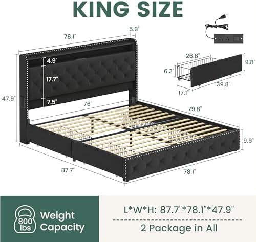 LARMACE King Bed Frame with 4 Storage Drawers, LED & USB-C Charging - Image 2