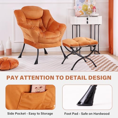 Tiita Lazy Chair with Ottoman, Comfy Reading Accent Chair, Velvet Orange - Image 5