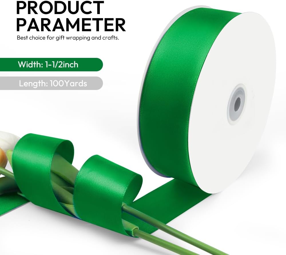 1-1/2 Inch 100 Yards Satin Ribbon Green, Solid Color Fabric Ribbon for Gift Wrapping, Wedding, Polyester Gift Ribbon for Birthday Party Decoration, Craft, Hair, Floral, Sewing