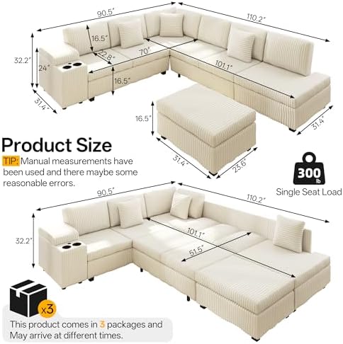 KEIKI 110" L-Shaped Oversized Plush Corduroy Modular Sectional Sofa - Image 2