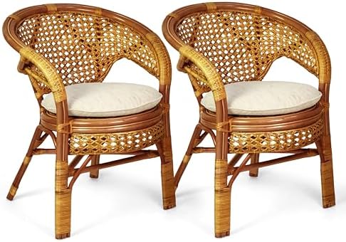 Set of 2 Pelangi Handmade Rattan Dining Wicker Chairs Colonial Color w/Cream by Wickerix