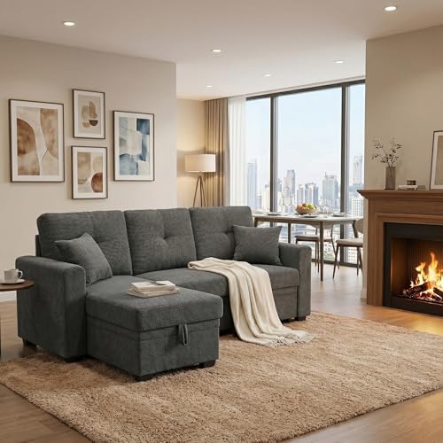 L Shaped Sectional Couch with Storage and Pull Out Bed, 3 Seater Sleeper Sofas - Image 4