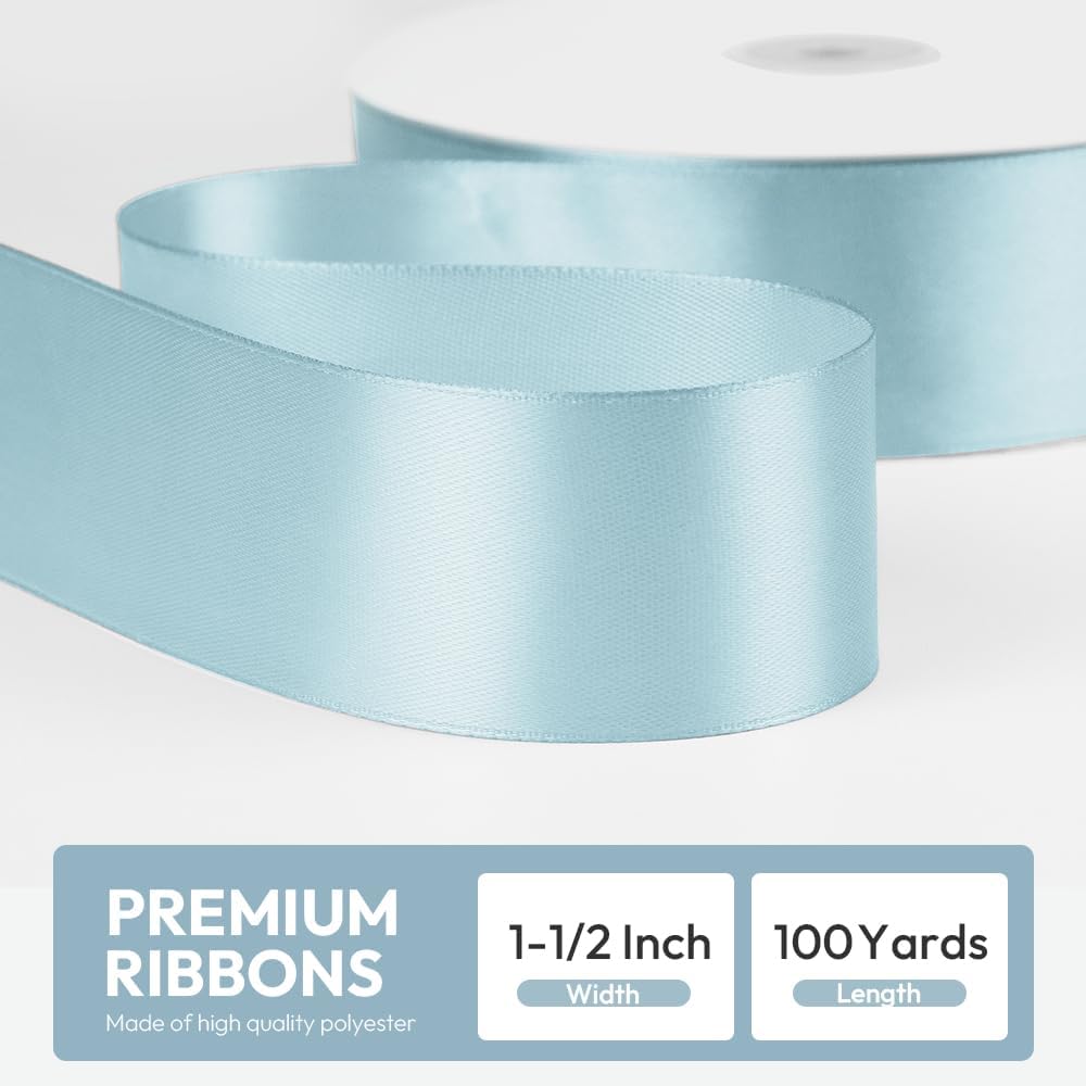 1-1/2" x 100 Yards Satin Ribbon - Light Blue Silk Ribbon with Spool - Ideal for Gift Wrapping, Floral Bouquets, Crafts, Wedding Party Decorations, Christmas and Sewing Projects