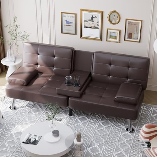Shahoo Leather Convertible Futon Sofa Bed, Folding Sleeper Loveseat Couch by BuynowfromShahoo