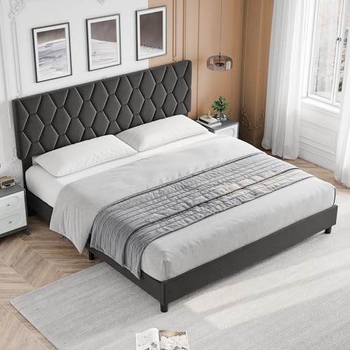 King Size Platform Bed Frame – Light Gray Upholstered Adjustable Headboard – - Image 3