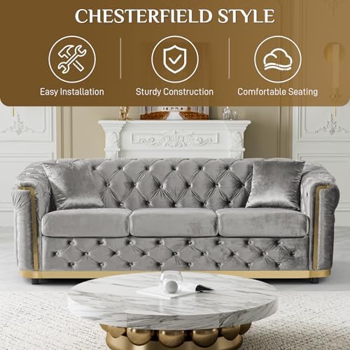2-Piece 84.6" Velvet Sofa Set, Chesterfield Tufted - Image 6