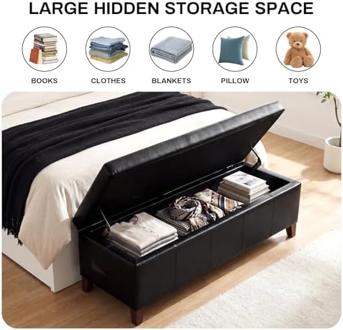 Ottoman with Storage Black Faux Leather Storage Ottoman Bench - Image 3