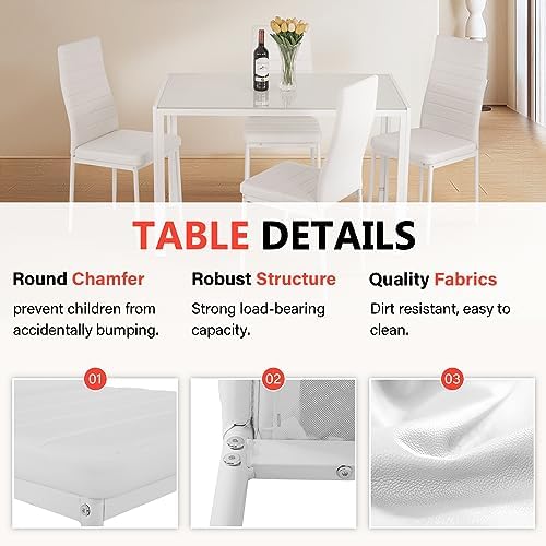 FDW | 5-Piece Dining Table Set | White | Glass Kitchen Table - Image 6