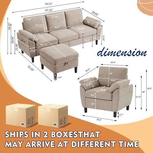 3 Piece Convertible Sectional Sofa Set, Modern Linen Small L Shaped Couch - Image 2