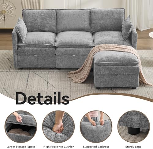 80" LIGHT GREY Chenille Storage 3 Seater Sofa - Image 5