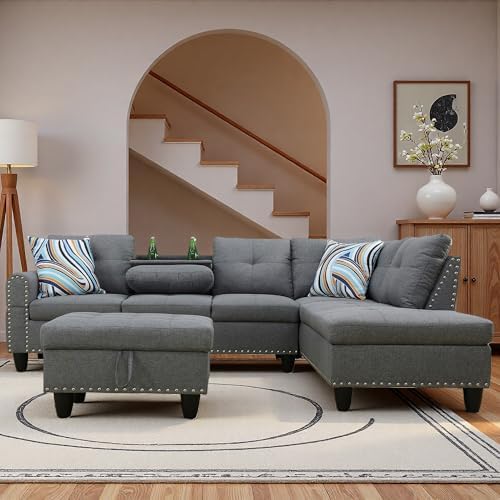 L-Shaped Couch Set, 97.5" L x 69.5" W Sectional Sofas Linen Grey by Topcomfy