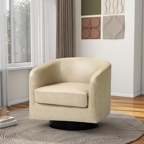 Pia Ricco Set of 4 Oversized Faux Leather 360° Swivel Barrel Accent Chair Cream - Image 6